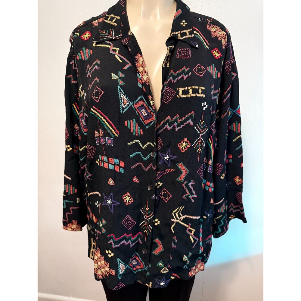 Chicos button down womens shirt with geometric designs chico size 2